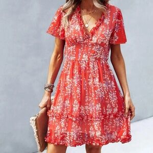 SHEIN mini floral deep v-neck dress with ruffle detail